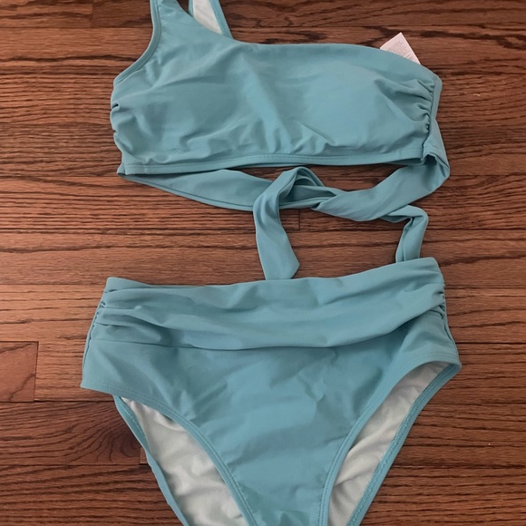 Cupshe One-Shoulder Turquoise High-Waist Bikini Set Medium - Picture 2 of 7